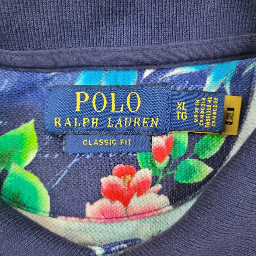 Polo Ralph Lauren Polo Shirt Mens XL Navy Blue Floral Classic Fit Short Sleeve